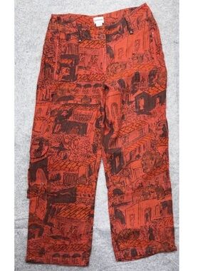 Chico’s 2 Artistic Veranda Red Orange Linen Cargo Crop Pant Mid Rise US Large